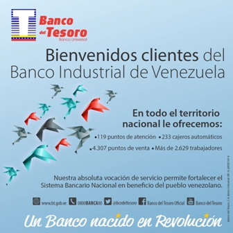 Banco del Tesoro activará cuentas de clientes del Banco Industrial de Venezuela
