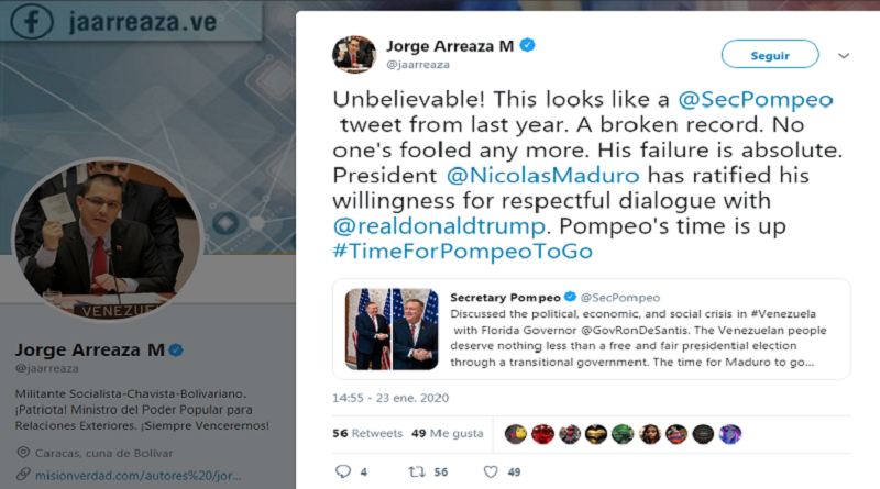 Canciller Arreaza: Pompeo sobra en diálogo que Venezuela ofrece a Gobierno de EE.UU.