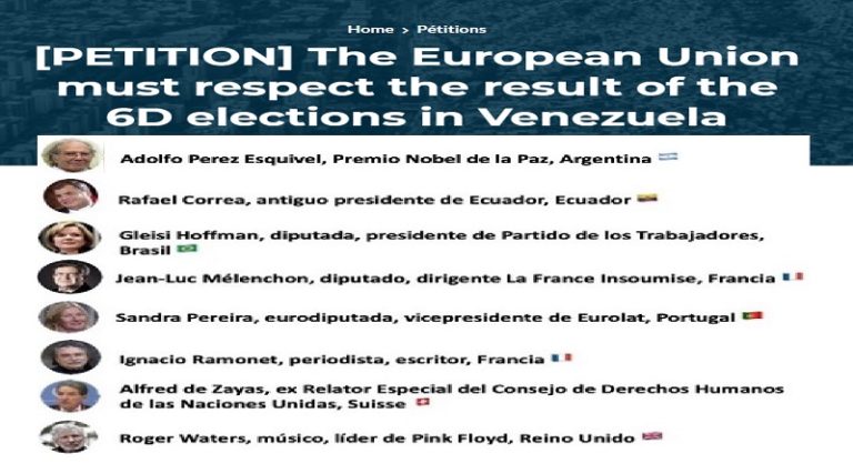 Personalidades del mundo firman petición para que Unión Europea respete resultado de elecciones parlamentarias de Venezuela